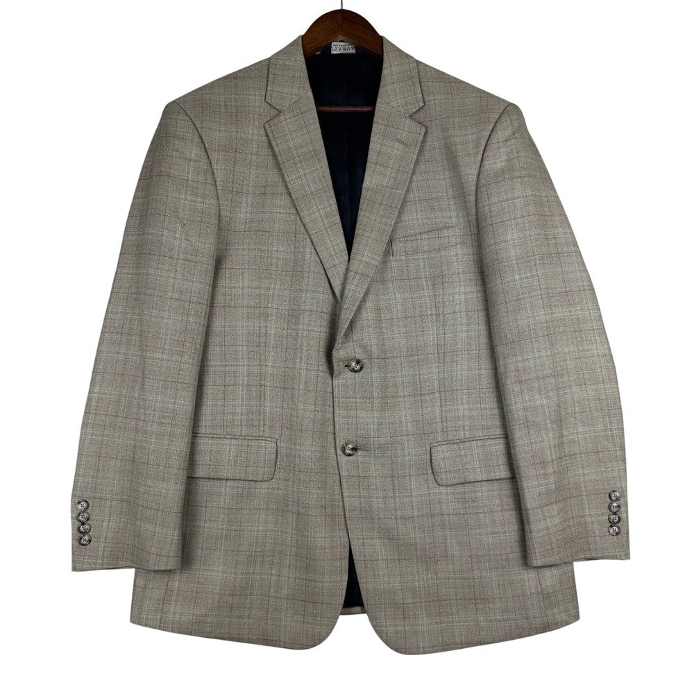 Jos A Bank Travelers Collection 43R Tan Brown Wool Glen Plaid Blazer Sport Coat